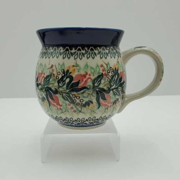 Polish Pottery Rose Bud Roundup Bubble Mug Red Yellow Flowers Blue Green Leaves - Picture 9 of 10